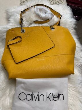 Calvin Klein Mustard Yellow Leather Tote with Wristlet